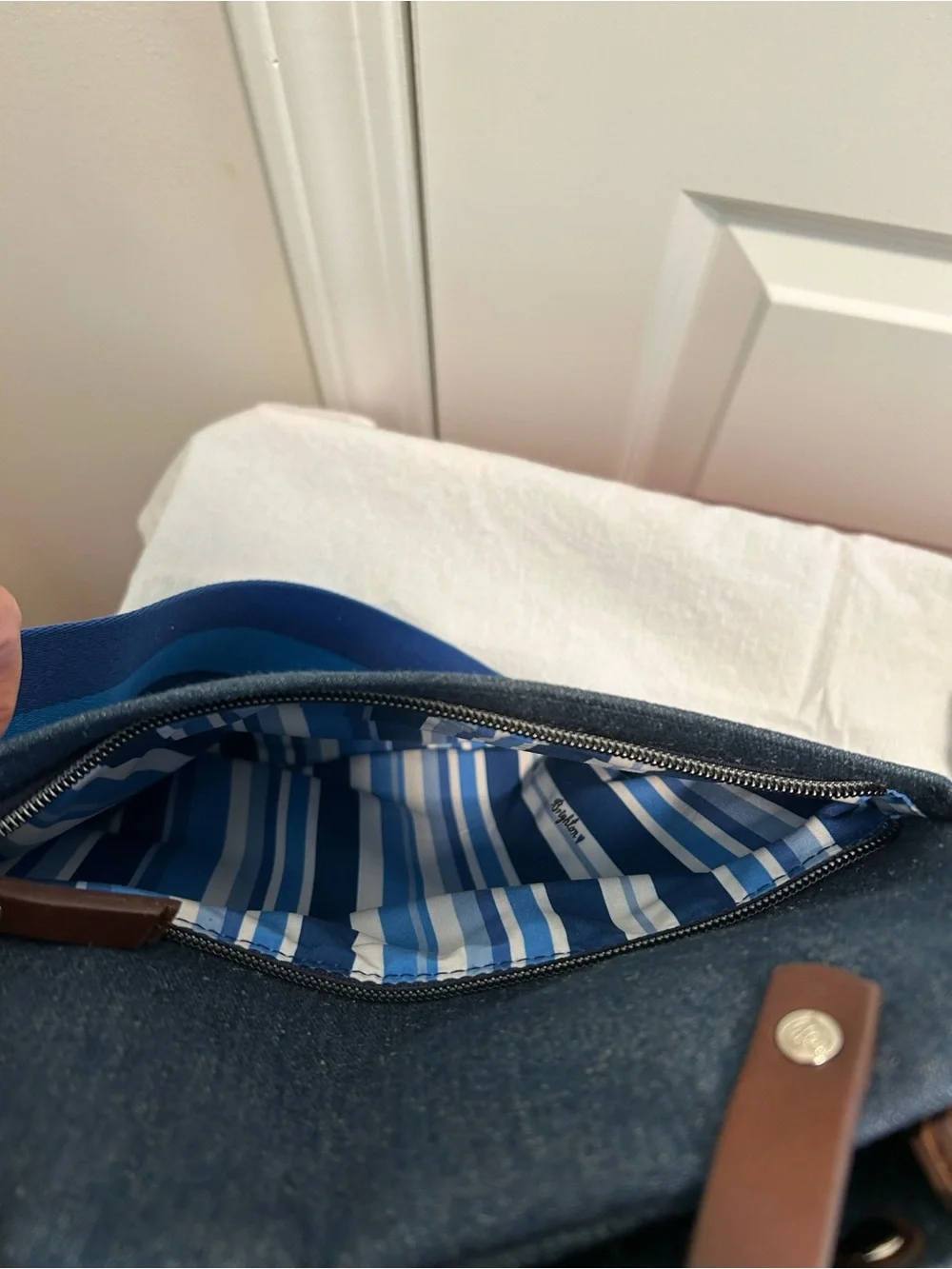 Brighton Navy Denim Tote with Red Heart Embroidery and Blue Strap